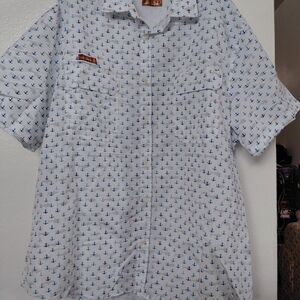 Men's Short-Sleeve Anchor Print Button-Down Shirt - White/Blue